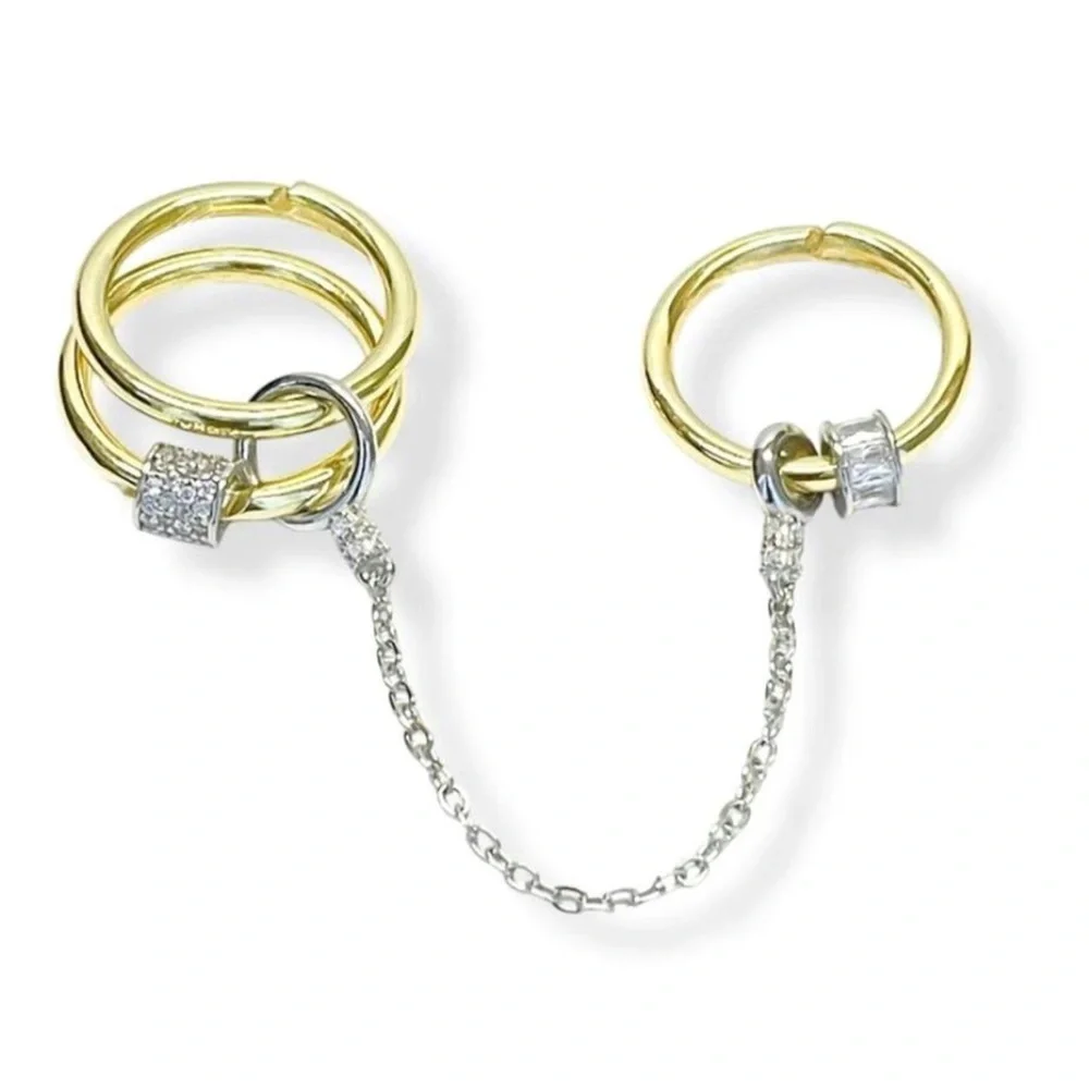 Gold & Silver Trio Adjustable Ring | Modern Chain Design - Picture 1 of 9